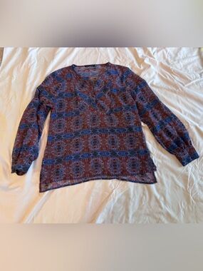 Violet & Claire Printed Sheer Blouse in Blue and Burgundy